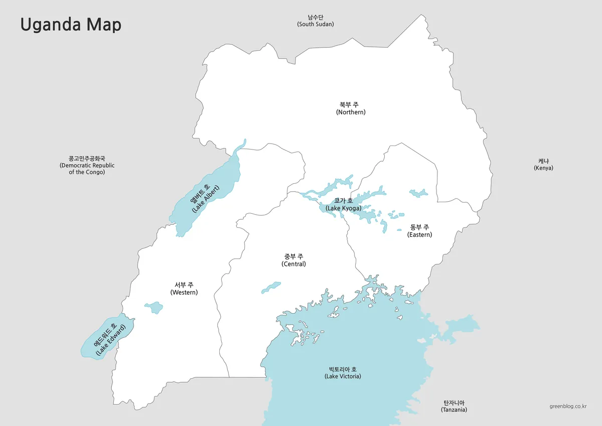 우간다 기본 지도 흑백 지명 강조 인쇄용 이미지