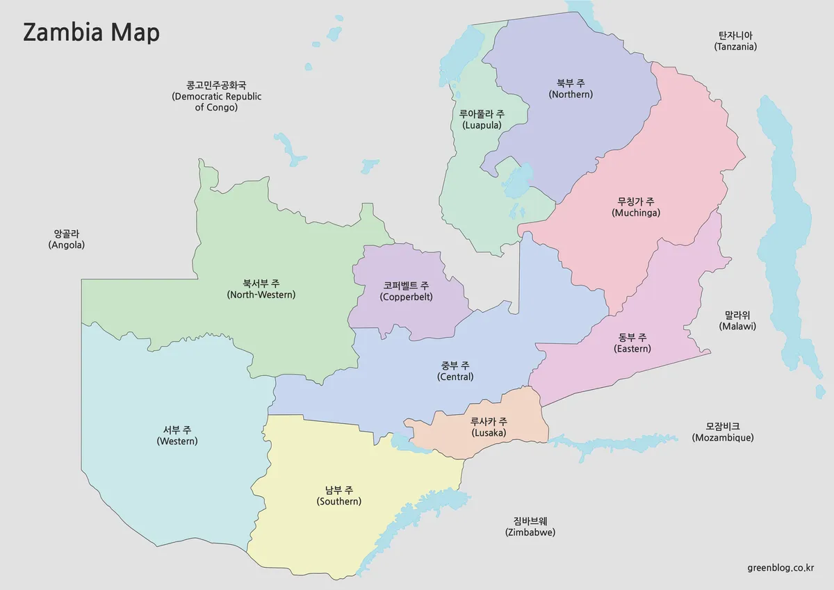 잠비아 색상 지도 주 단위 구분과 수도 루사카 위치 표시 이미지