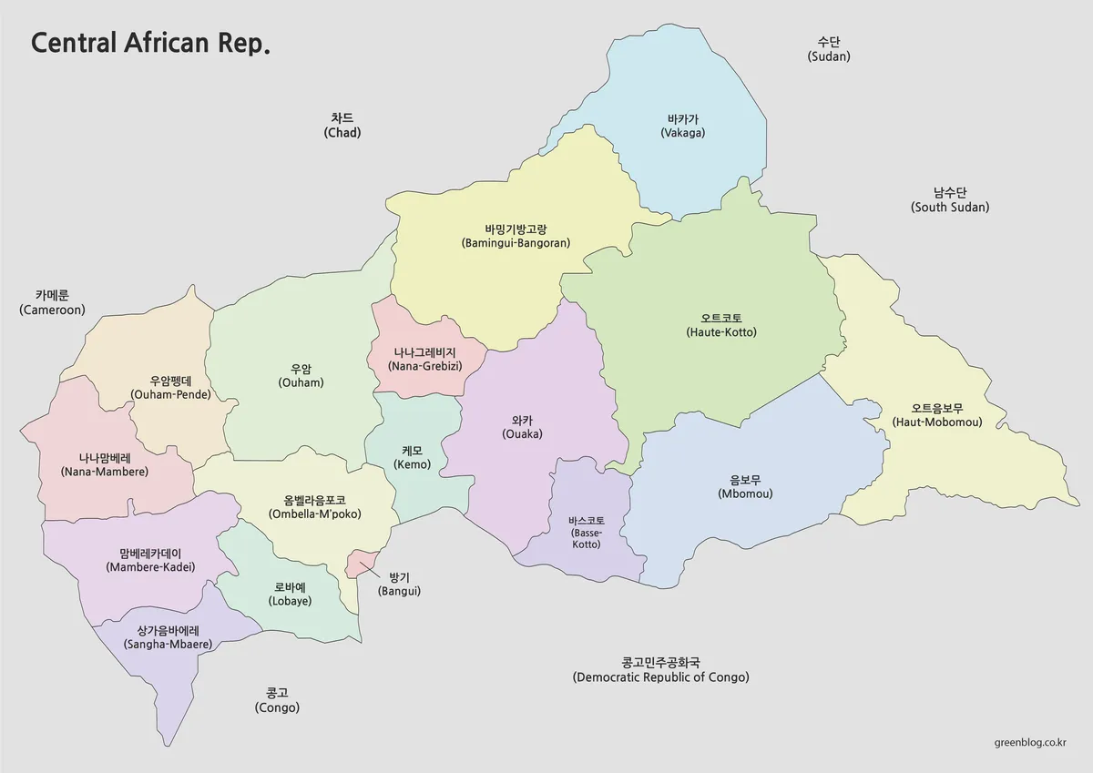 중앙아프리카 공화국 지도 색상 구분 행정구역 수도 방기 표시 이미지