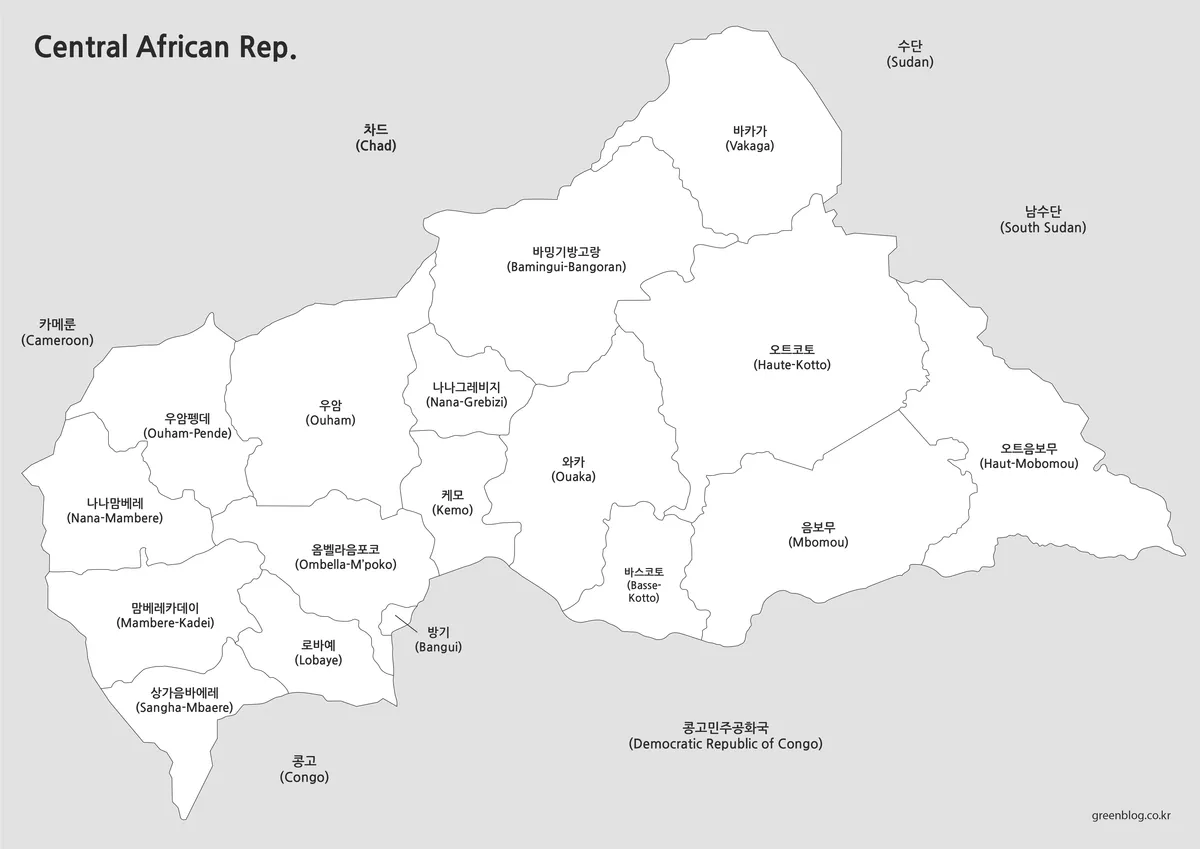 중앙아프리카 공화국 기본 지도 흑백 지명 중심 인쇄용 이미지