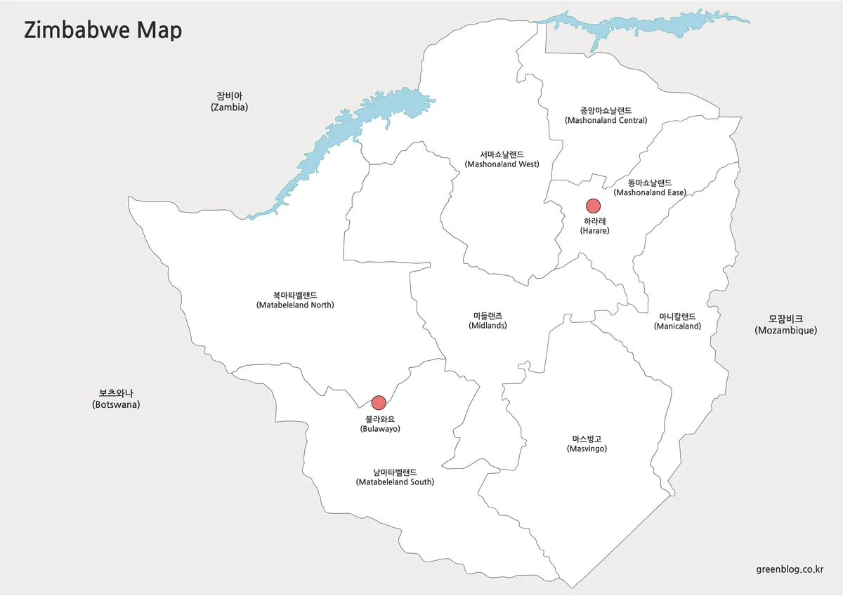 색상이 제거되고 경계와 도시 이름만 표시된 짐바브웨 지도
