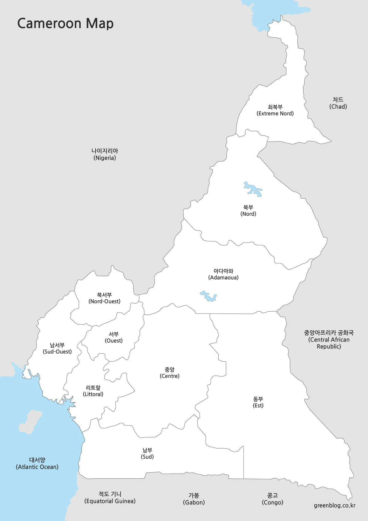 카메룬 기본 지도 흰색 배경 지명 중심 인쇄용 이미지