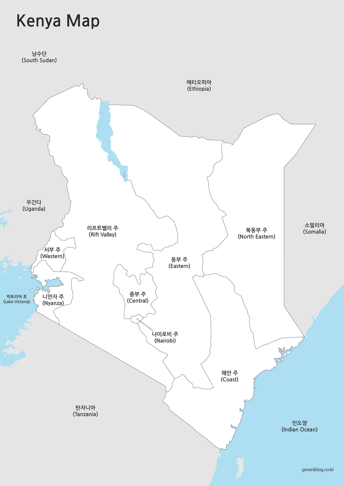 케냐 기본 지도 흑백 인쇄용 지명 강조 이미지
