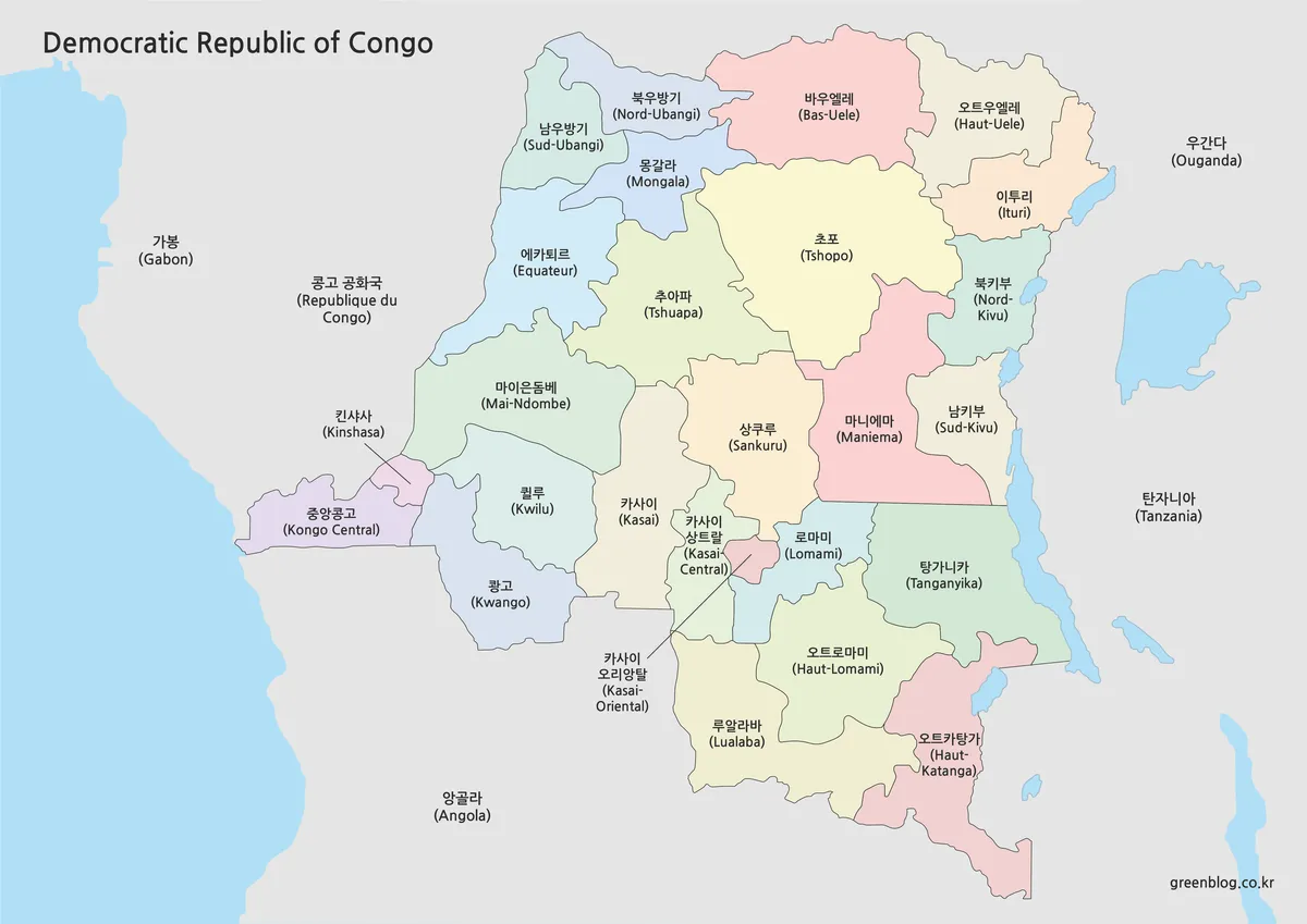콩고민주공화국 지도 색상 행정구역 구분 수도 킨샤사 표시 이미지