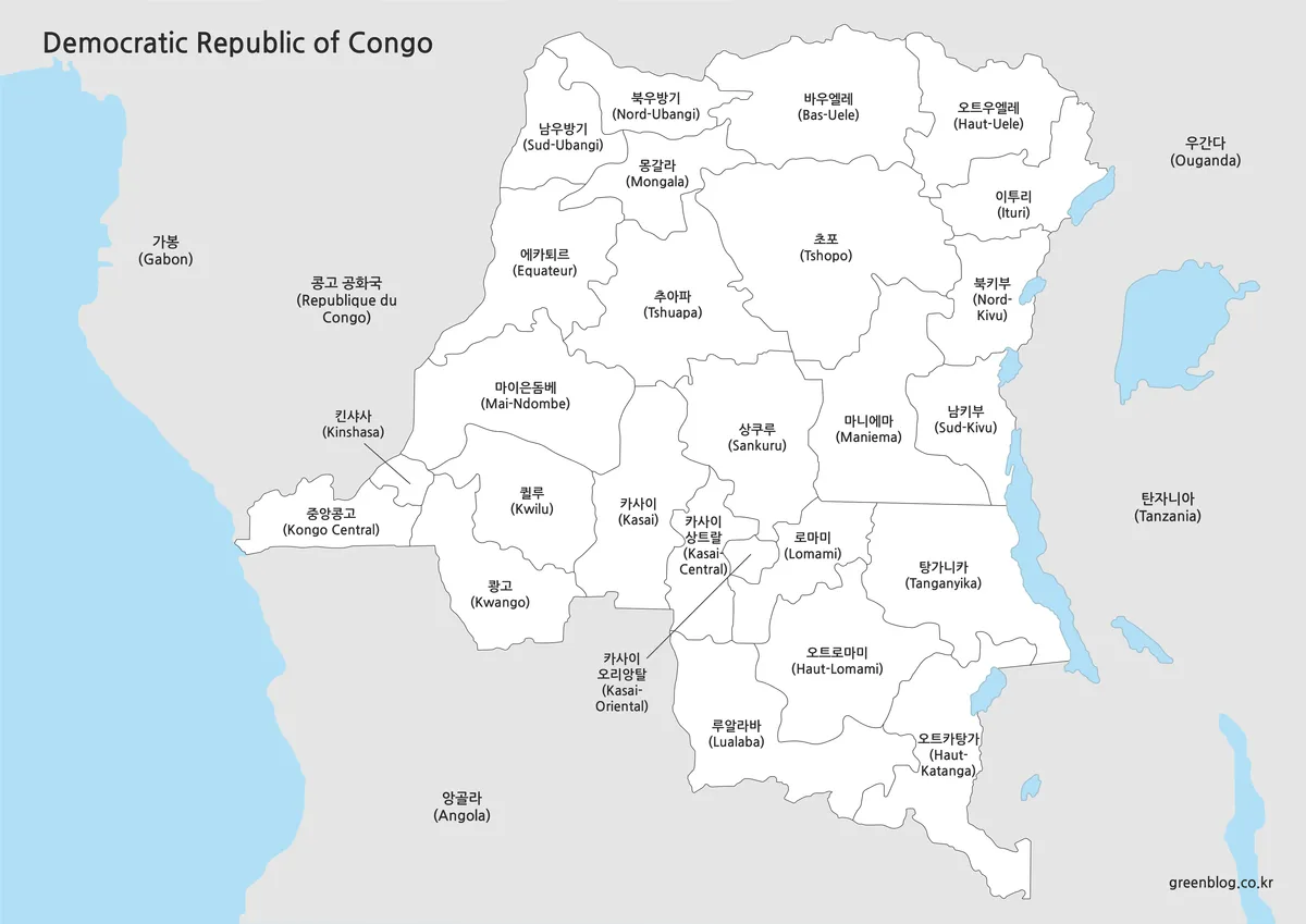 콩고민주공화국 기본 지도 흰색 배경 지명 중심 인쇄용 이미지