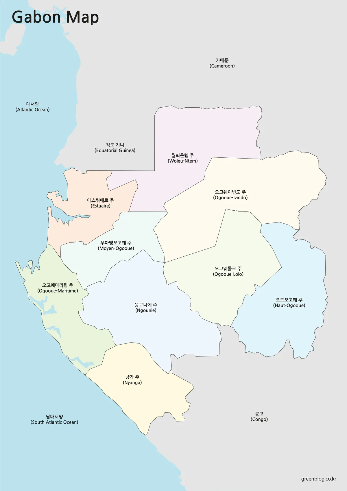 가봉의 행정 구역이 색상별로 나뉘어 표시된 고해상도 지도
