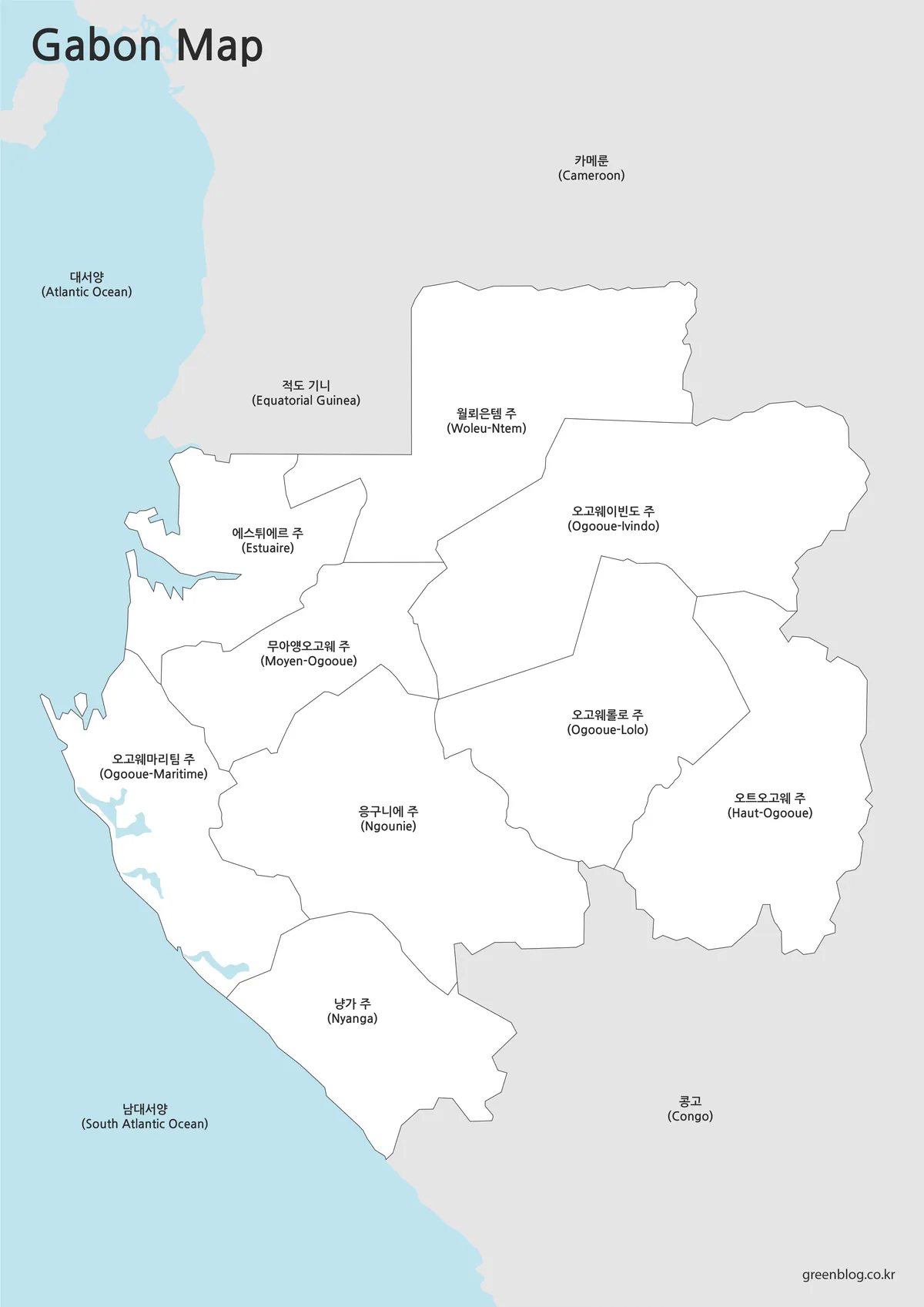 색상을 줄이고 지명과 구역이 정리된 가봉 기본 지도