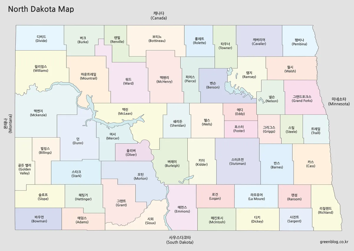 색상으로 구분된 노스다코타 행정구역 지도