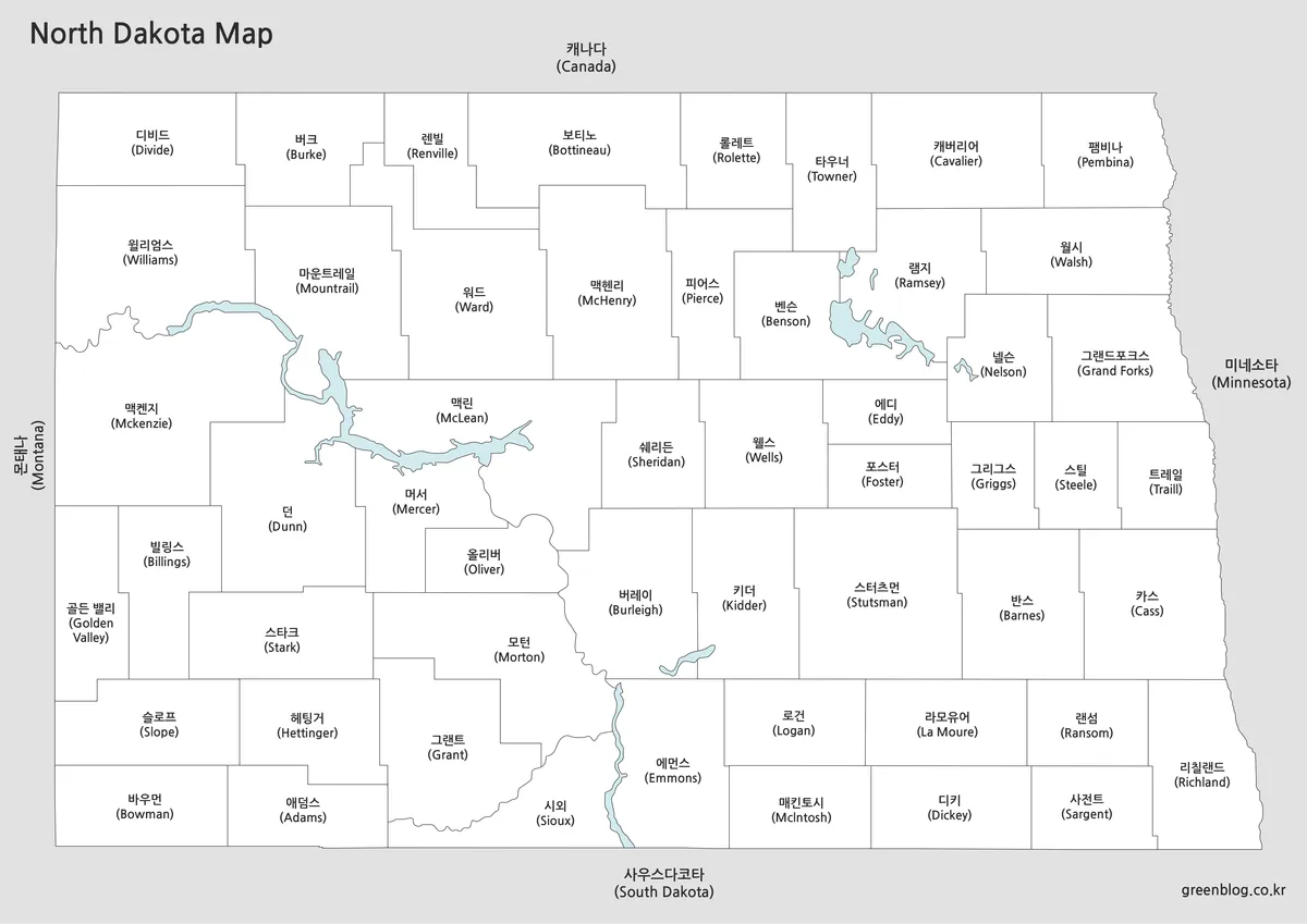 흑백으로 제작된 노스다코타 행정구역 지도
