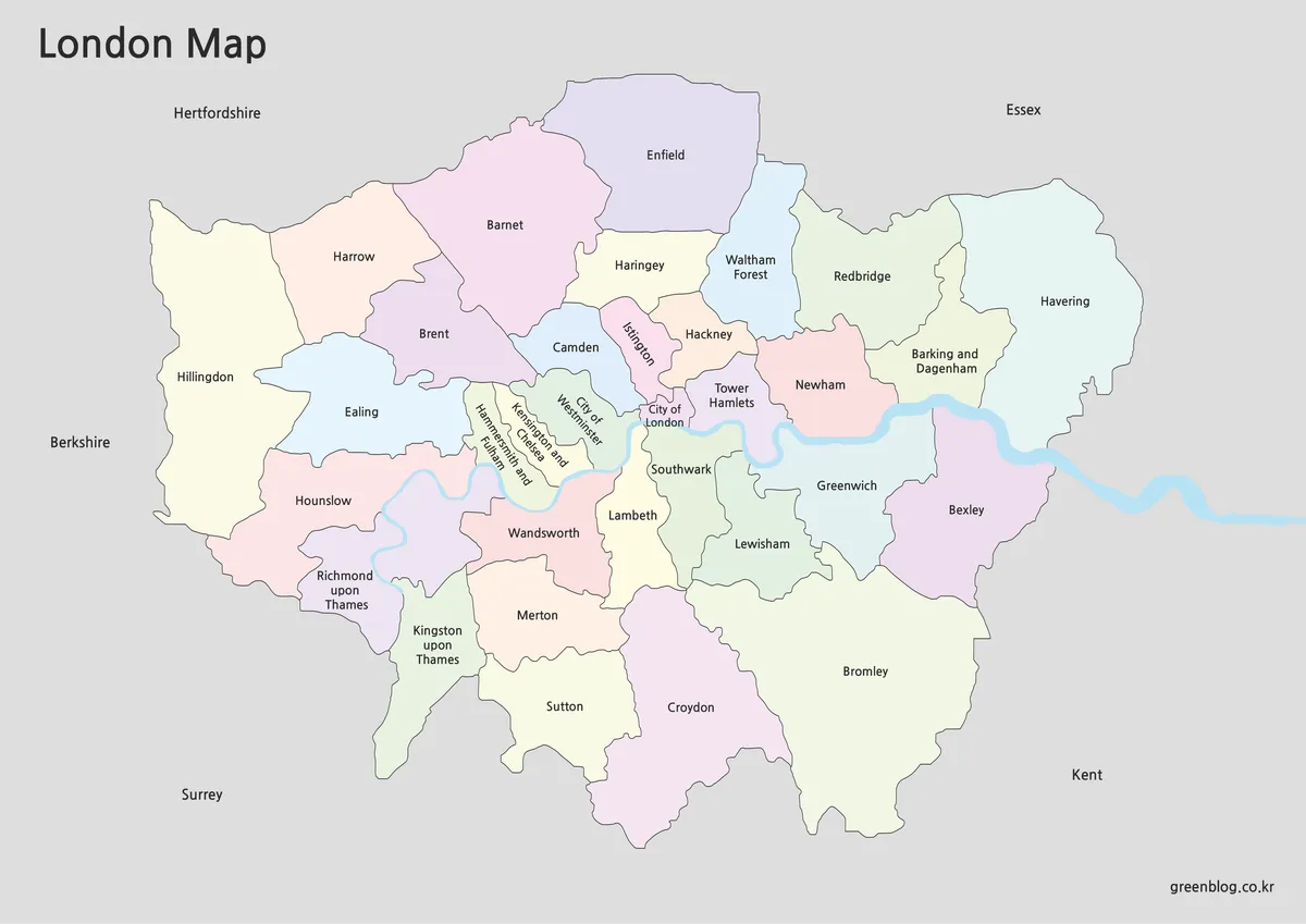영문 명칭으로 표시된 런던 색상 지도
