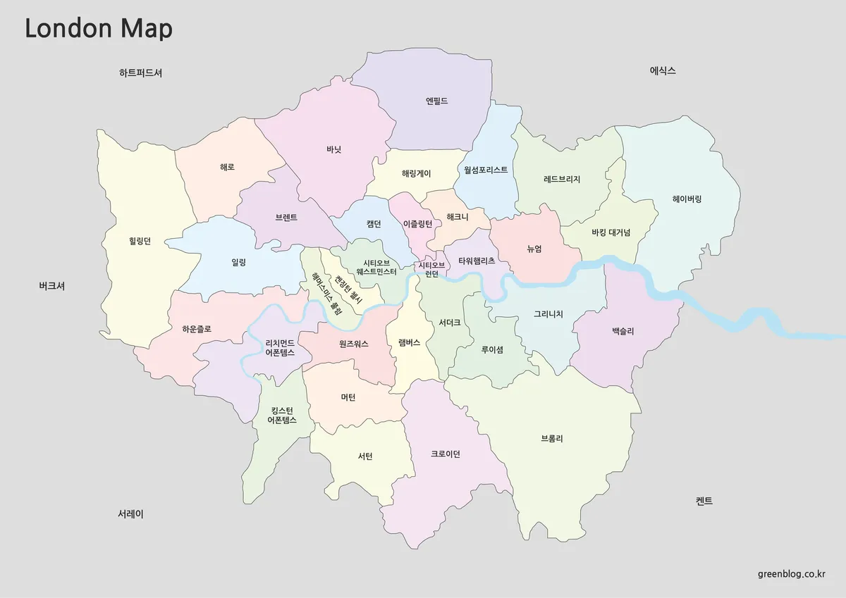 행정 구역을 색으로 구분한 런던 지도 (한글 표기)