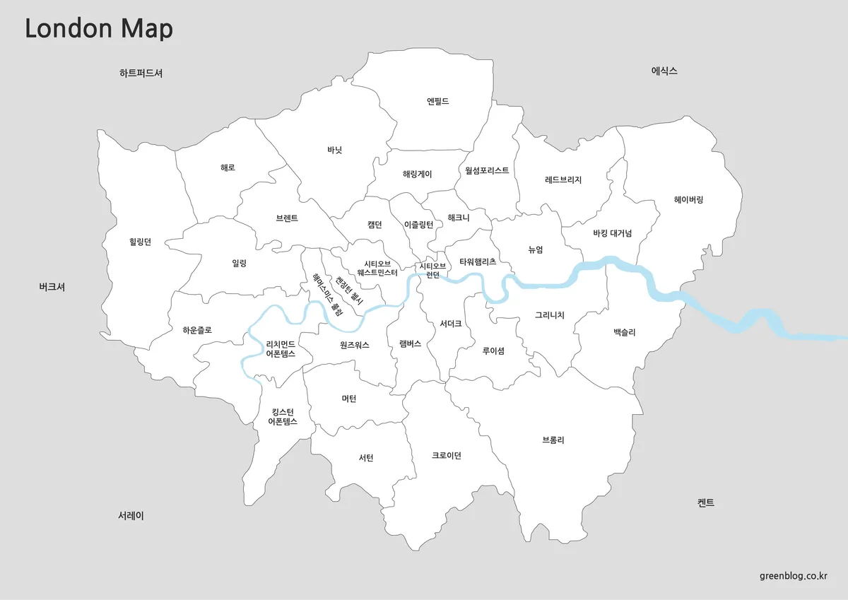 색상을 제거해 지명과 경계를 확인하기 쉬운 런던 기본 지도