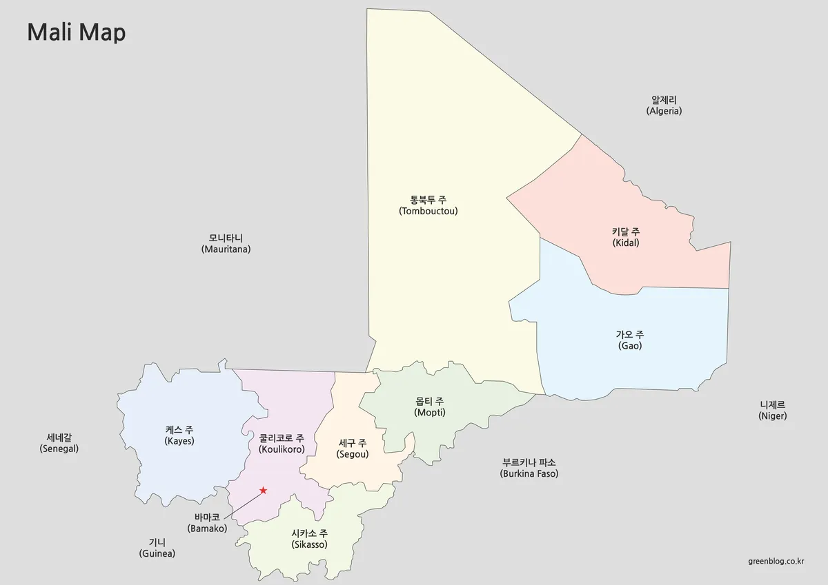 말리 색상 지도와 수도 바마코 표시가 포함된 이미지