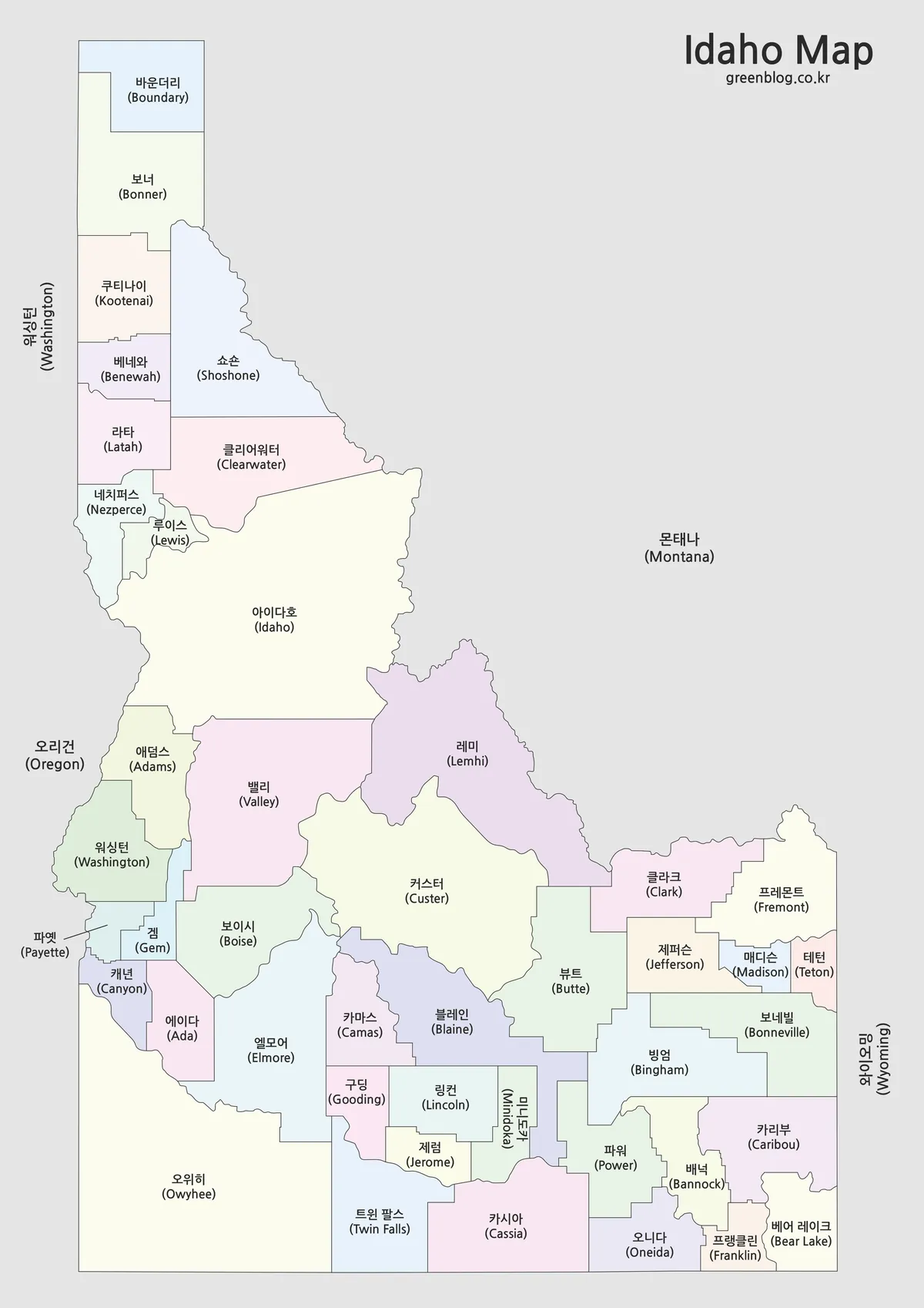 아이다호 주 행정 구역이 색상으로 구분된 지도