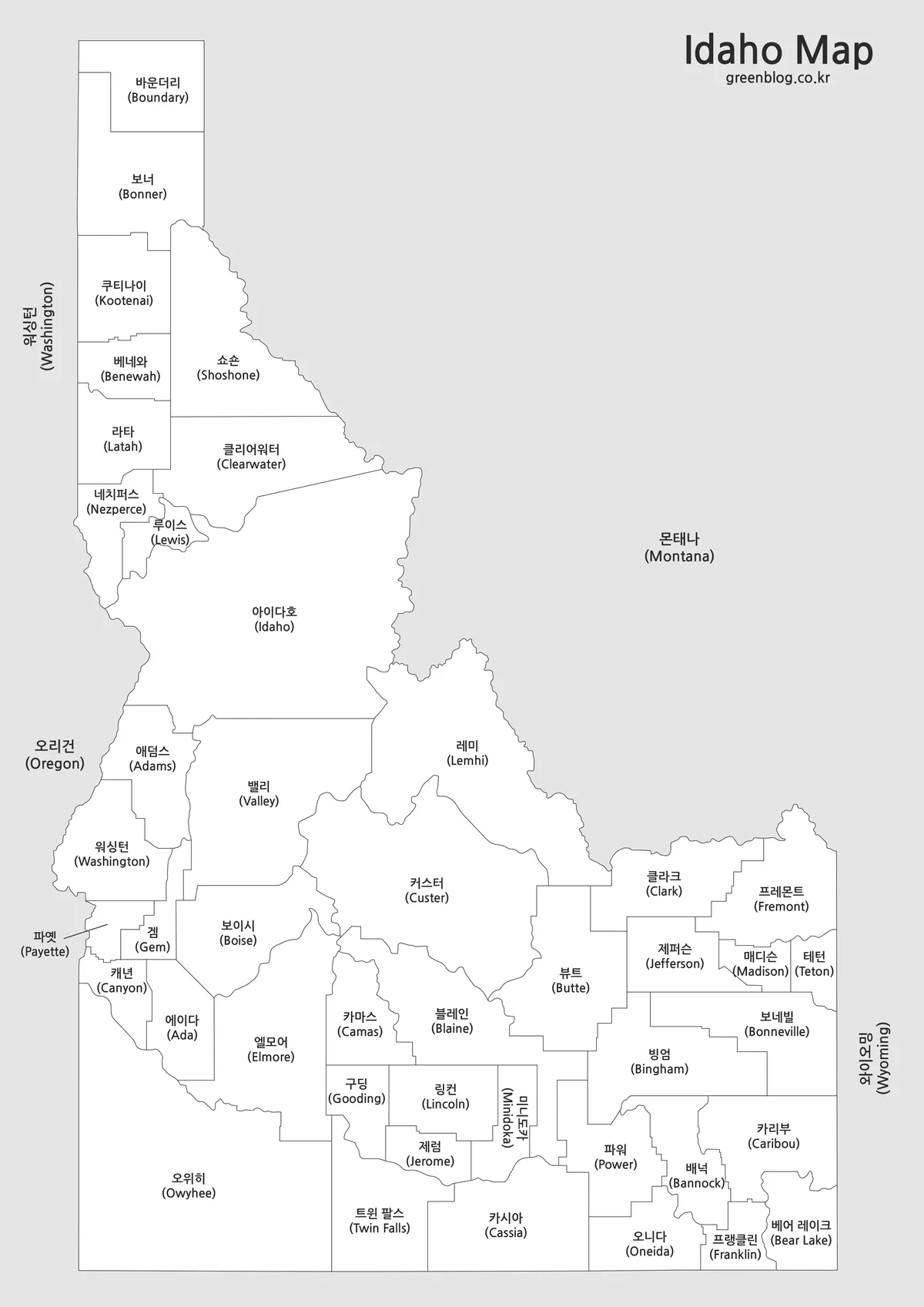 아이다호 지역 이름이 강조된 흑백 지도