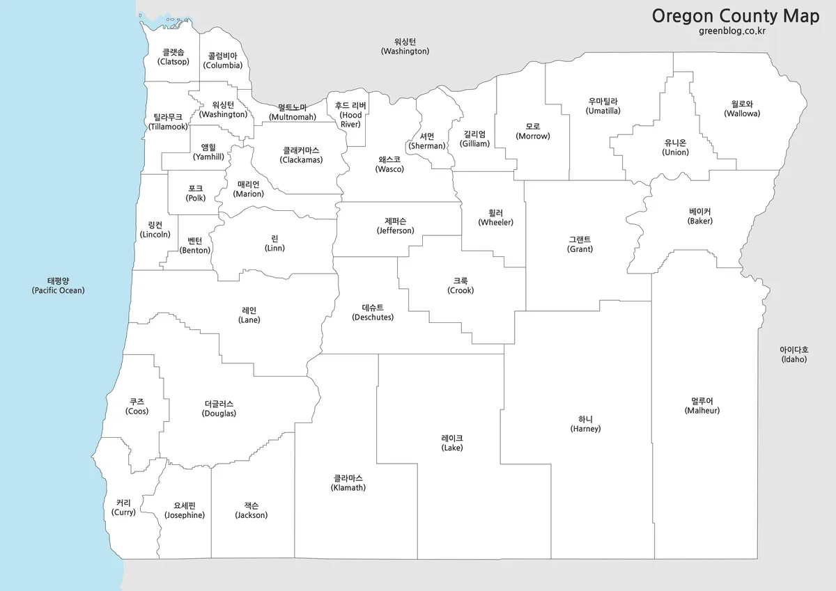 오리건 주 지역 이름이 강조된 흑백 지도