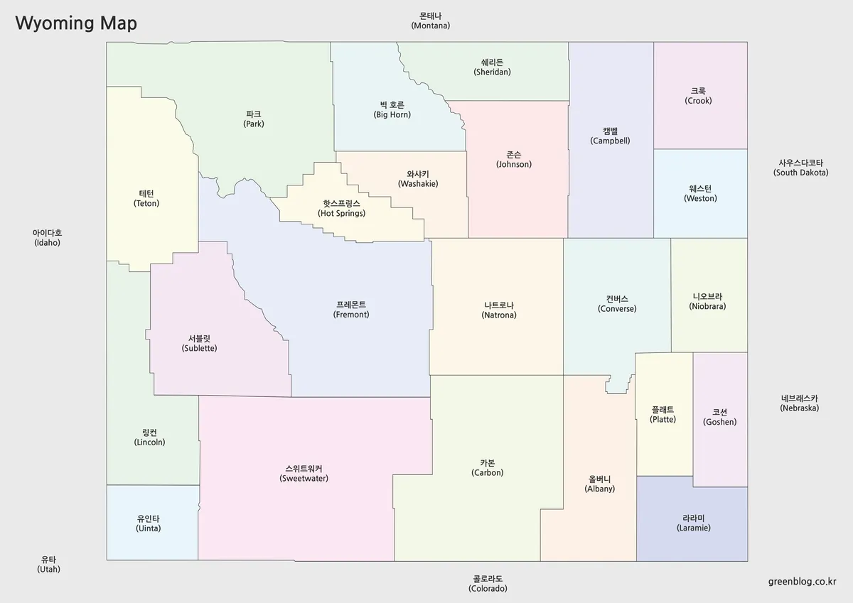 와이오밍 주 행정 구역이 색상으로 구분된 지도