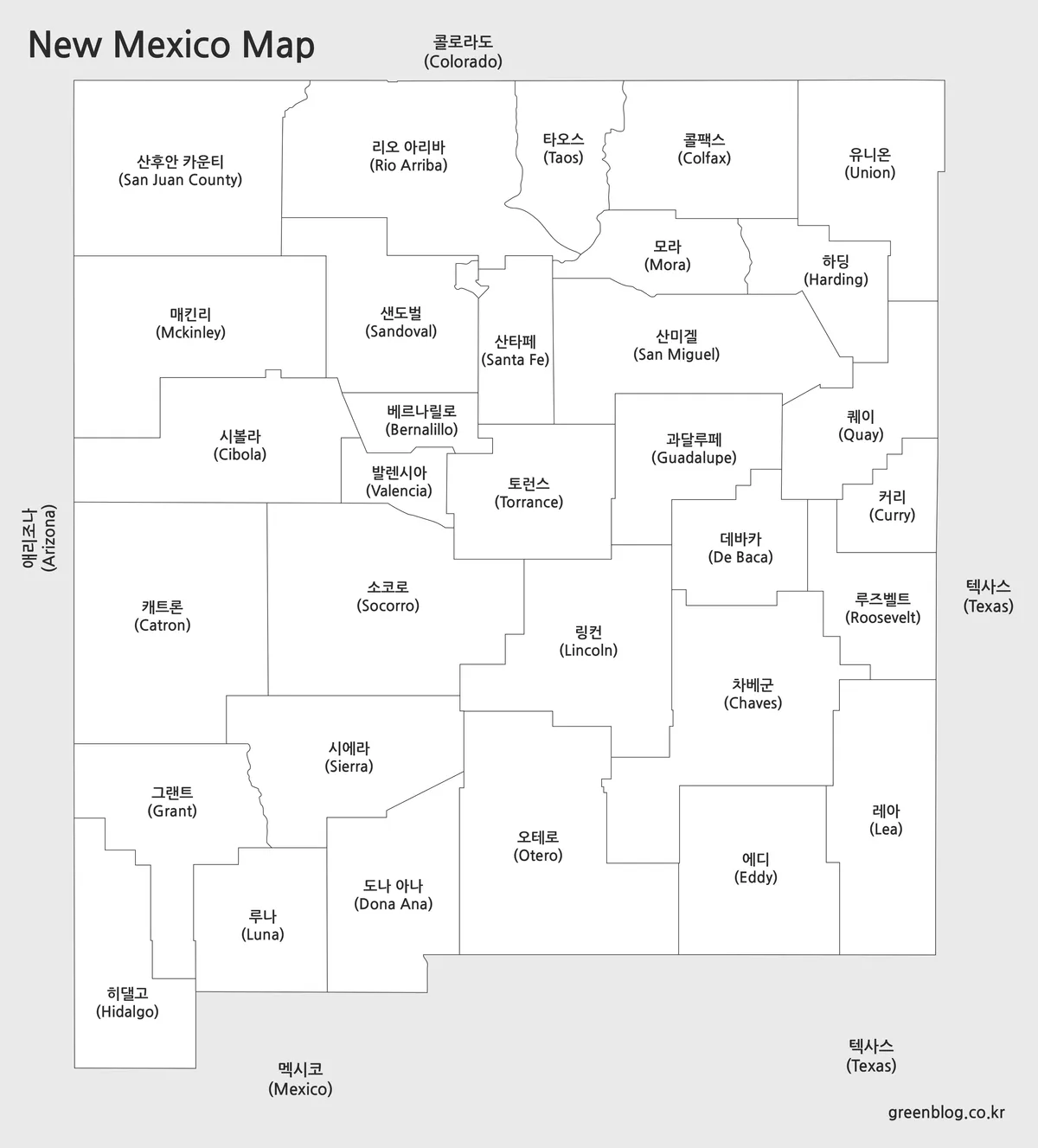 뉴멕시코 기본 지도 흑백 이미지