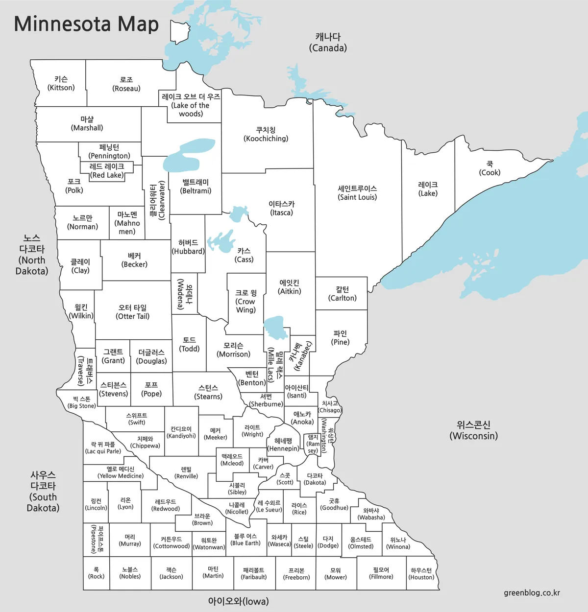 미네소타 위치를 흑백으로 표현한 지도 이미지