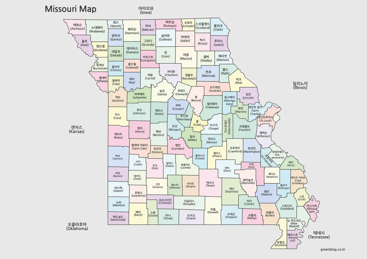 미주리 지역별 색상으로 구분된 지도