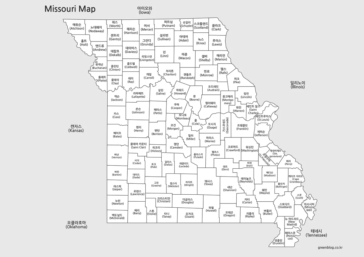 미주리 지역별 색상으로 구분된 지도