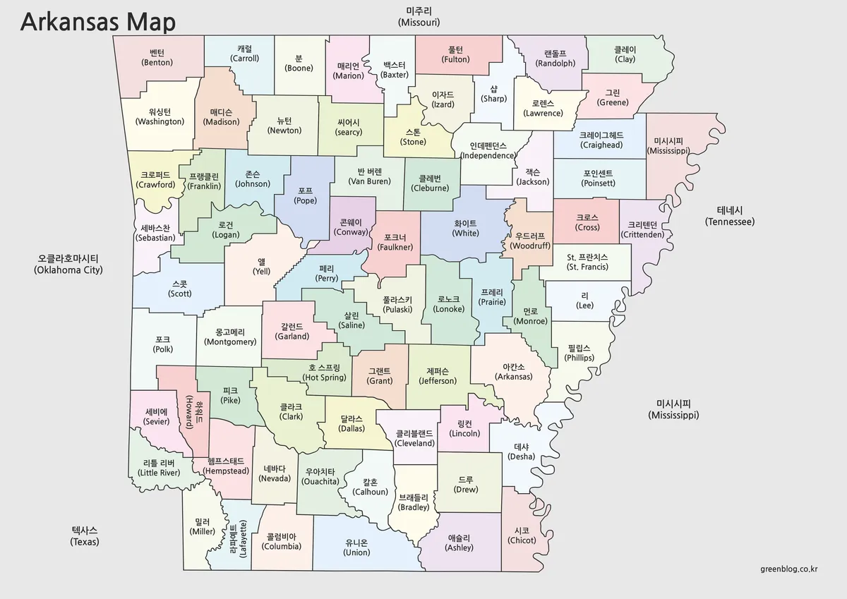 아칸소 행정 구역을 색으로 구분한 지도 이미지