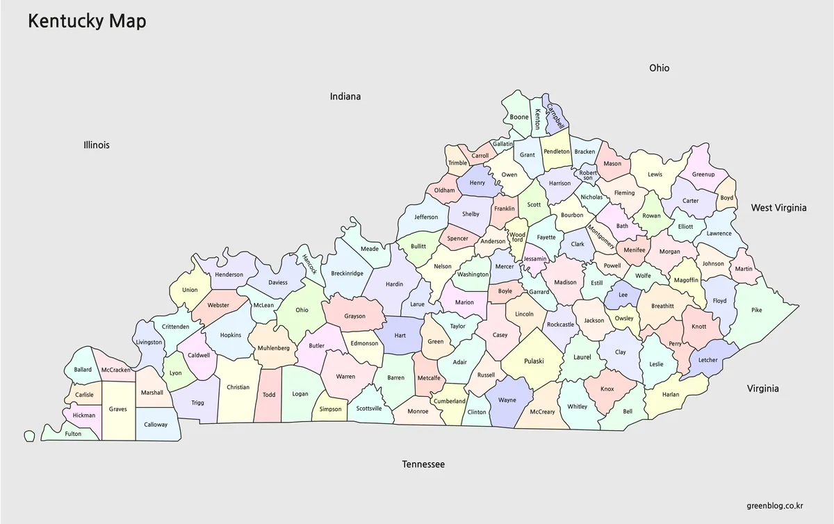 켄터키 주 지역명이 영어로 표기된 영문 지도 이미지