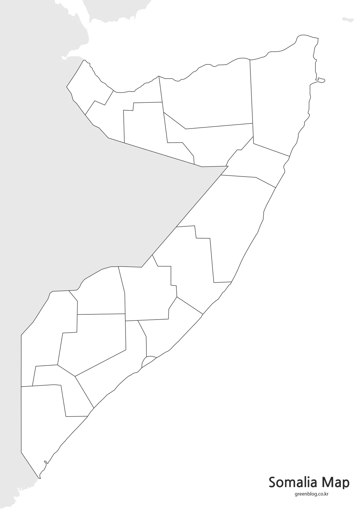 경계선만 남겨 직접 편집하기 좋은 소말리아 윤곽선 지도 이미지