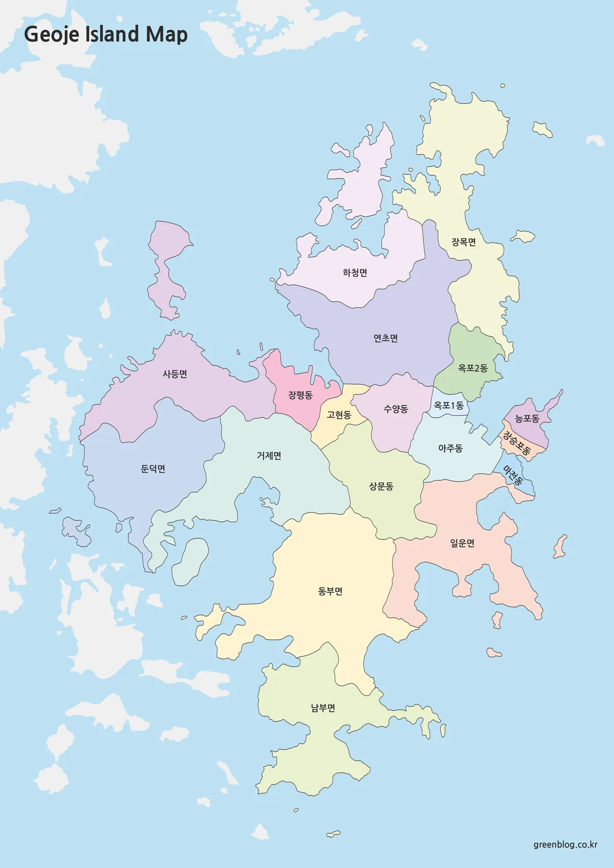 거제도 주요 지역이 색상으로 구분된 지도 이미지