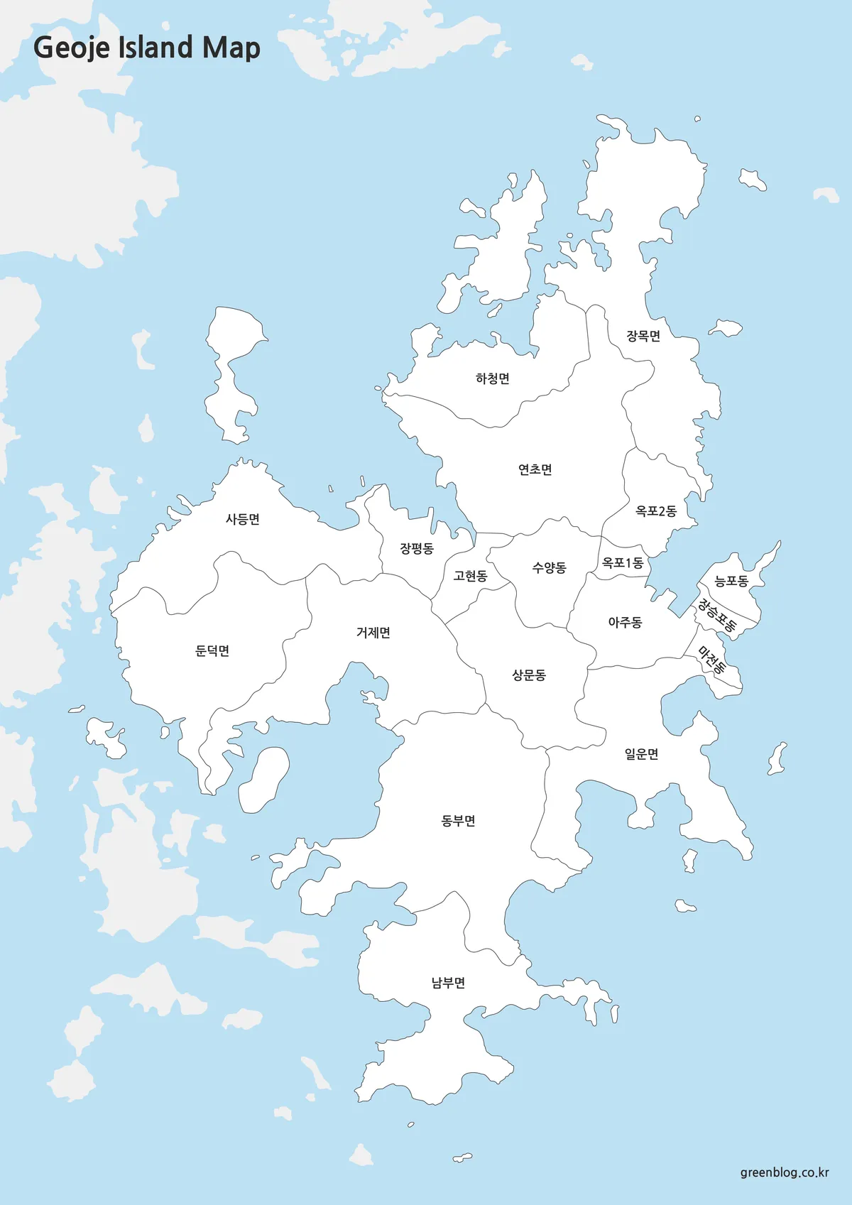 색을 제거하고 경계와 지형 중심으로 정리한 거제도 지도 이미지