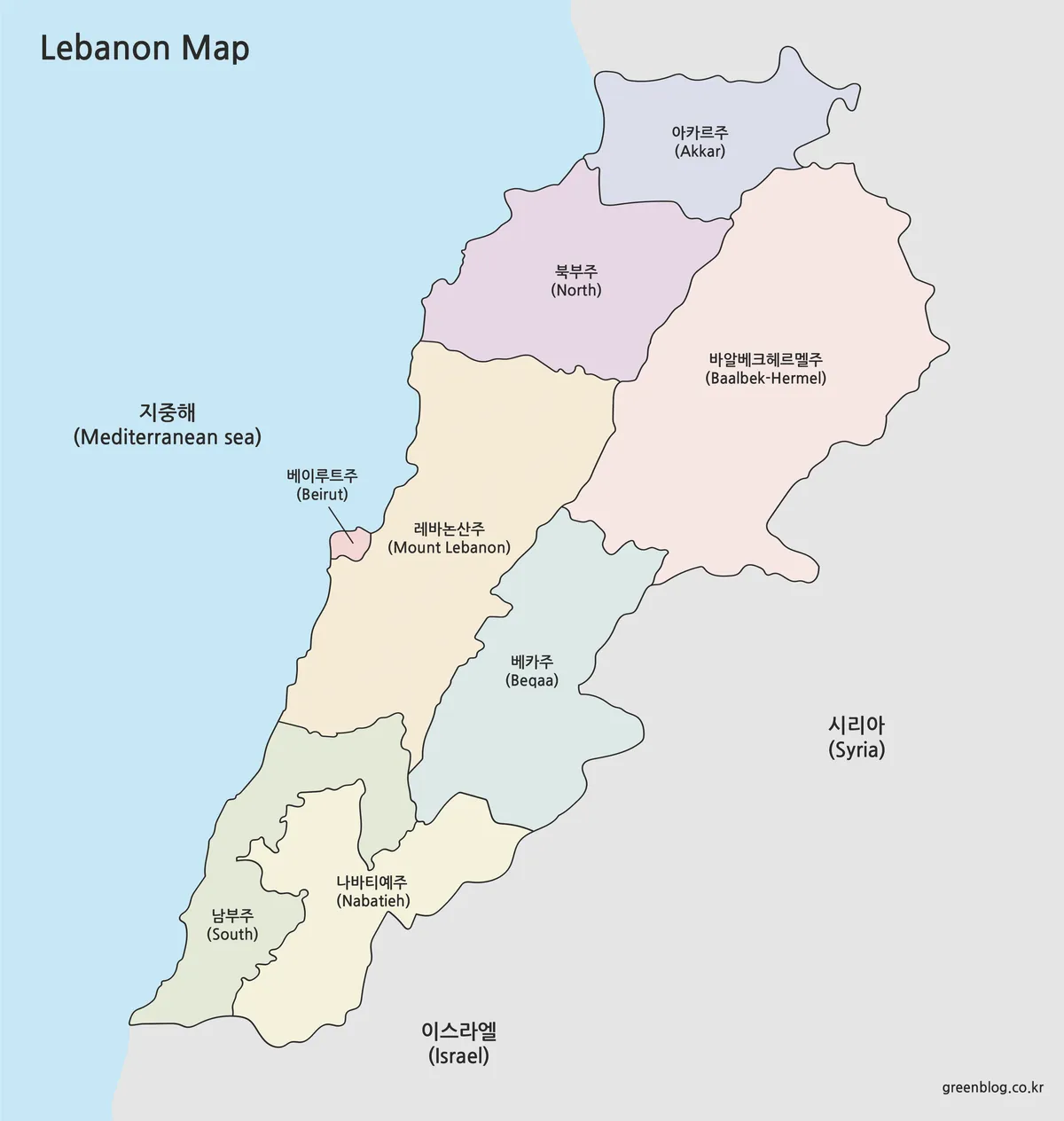 행정 구역이 색으로 나뉜 레바논 지도