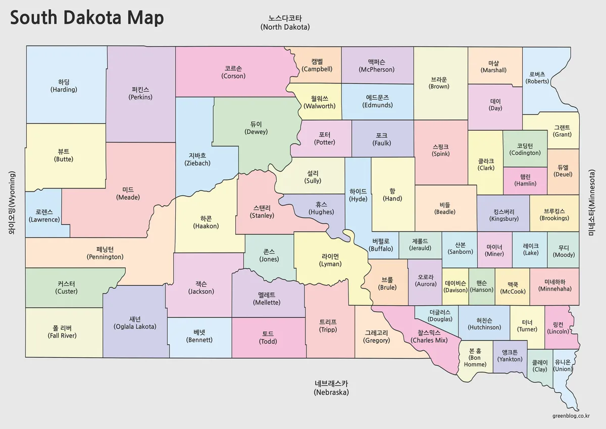사우스다코타 카운티 색상 지도