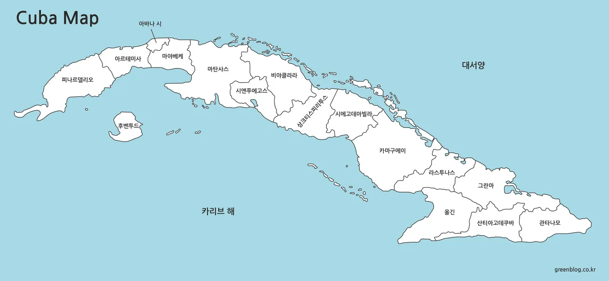 색상 없이 정리된 쿠바 흑백 지도 이미지