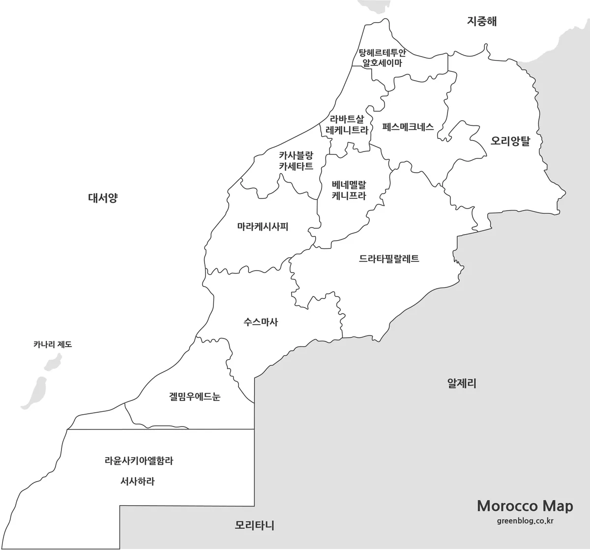 모로코 지도 행정구역 경계와 지역명을 표시한 흑백 자료