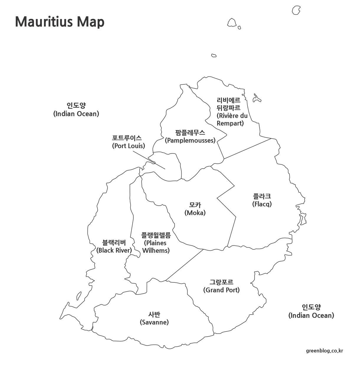 모리셔스 지도 지역 경계와 명칭을 표시한 흑백 자료