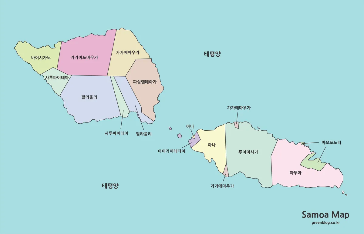 사모아 지도 사바이이 우폴루 정치구역 색상 구분