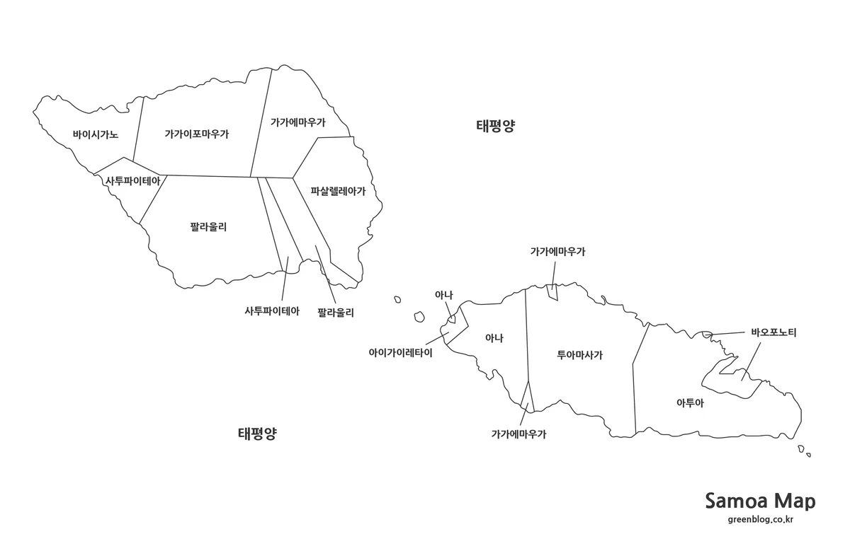 사모아 흑백 지도 사바이이 우폴루 지역 경계