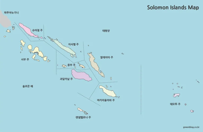 솔로몬 제도 지도｜동서로 길게 이어진 군도와 9개 지방 경계를 보는 3종 자료