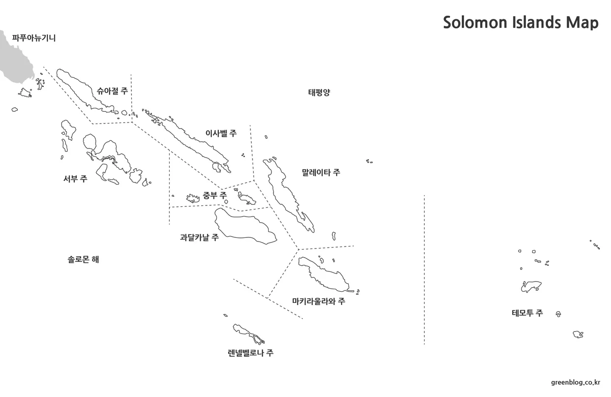 솔로몬 제도 흑백 지도 섬과 지방 경계
