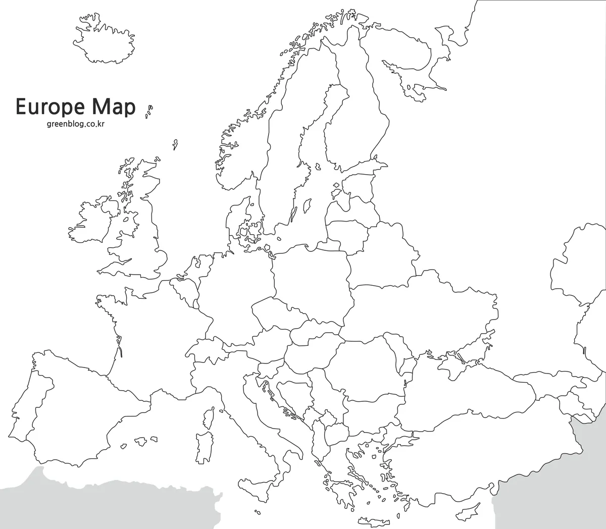 유럽 국가 경계만 표시된 윤곽선 지도, 편집용으로 활용 가능한 지도