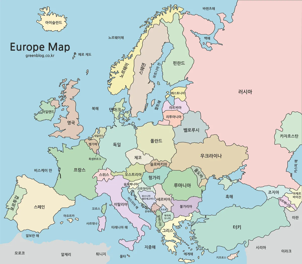 유럽 국가가 색상으로 구분된 전체 지도, 국가 경계와 위치 관계 확인 가능