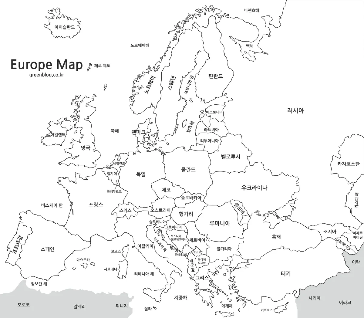지명과 경계가 선명한 유럽 흑백 지도
