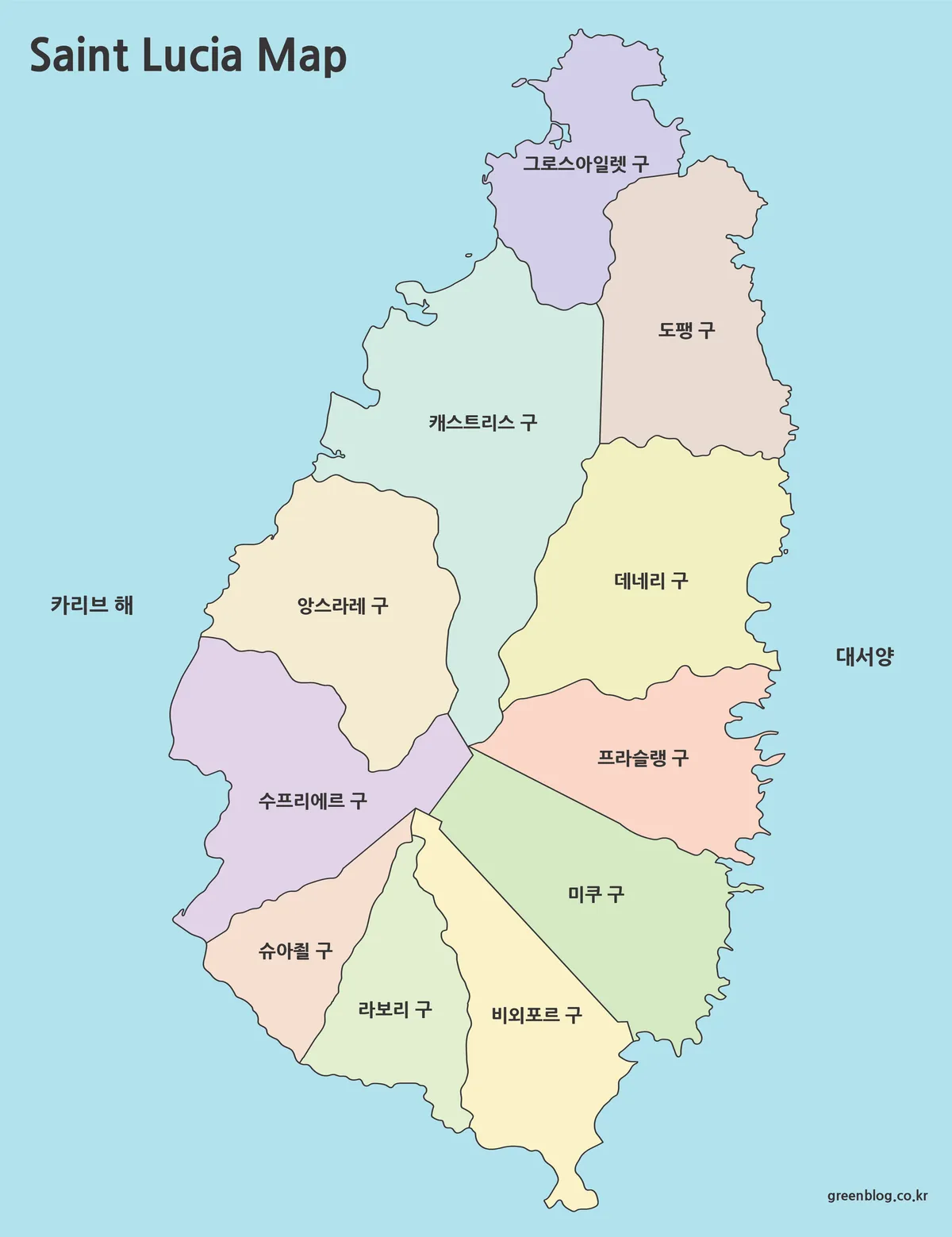 세인트루시아 행정구역을 색상으로 구분한 지도 이미지