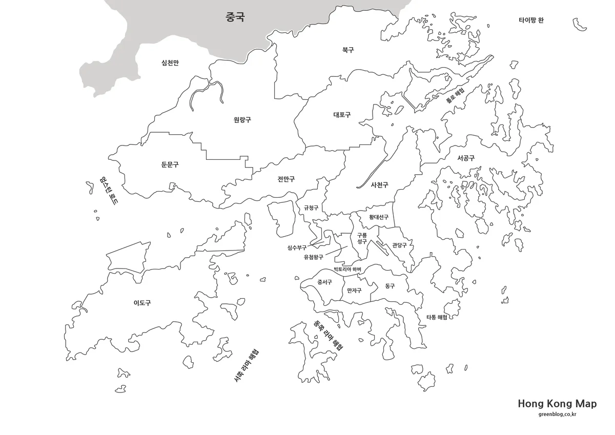 홍콩 기본 지도 흑백 행정구역 지도