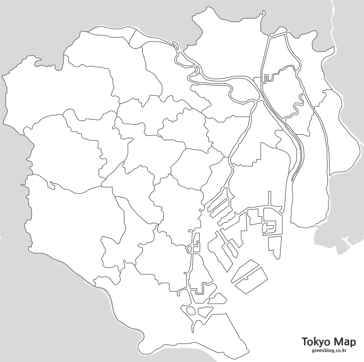 도쿄도 특별구 경계만 남긴 편집용 윤곽선 지도 이미지