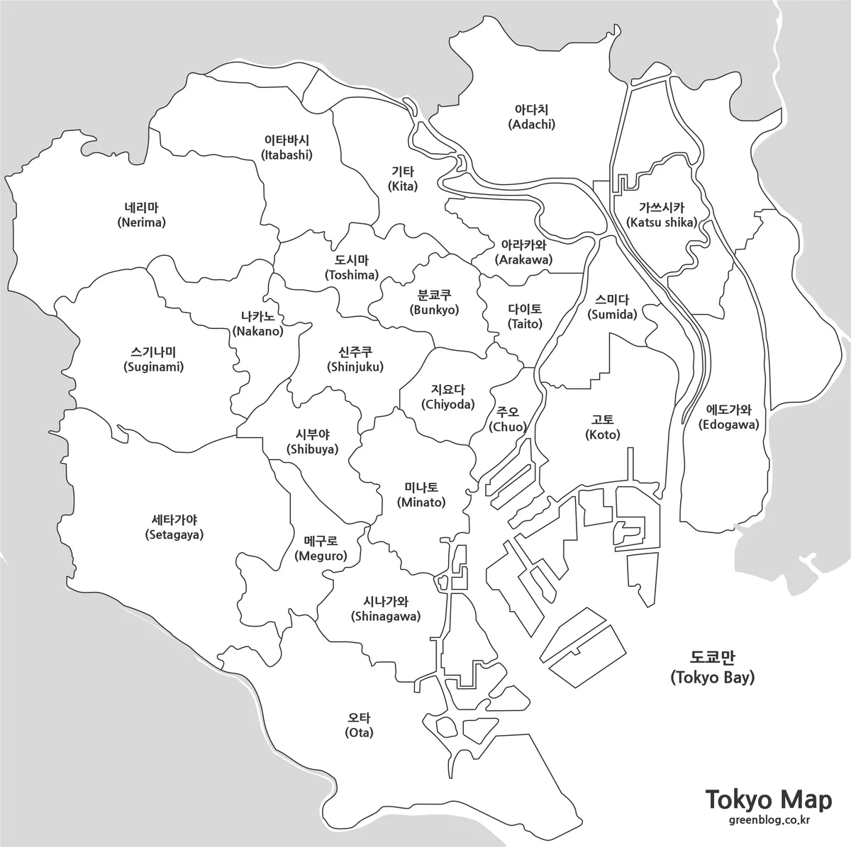 도쿄도 특별구 경계와 지역 이름이 표시된 기본 지도 이미지