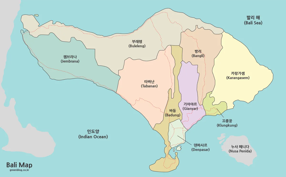 발리 지도 색상 기본 윤곽선 3종 모음