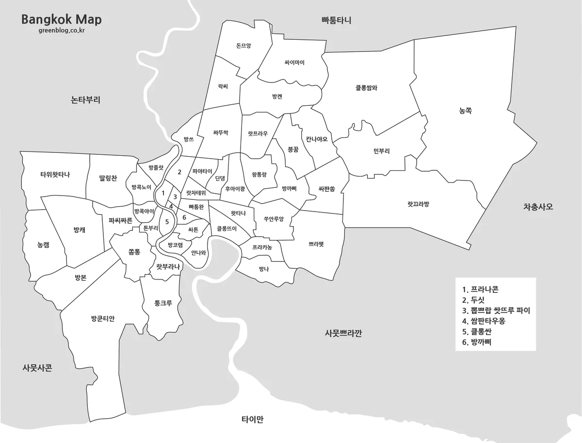 방콕 지역명과 행정구역 경계를 확인할 수 있는 기본 지도