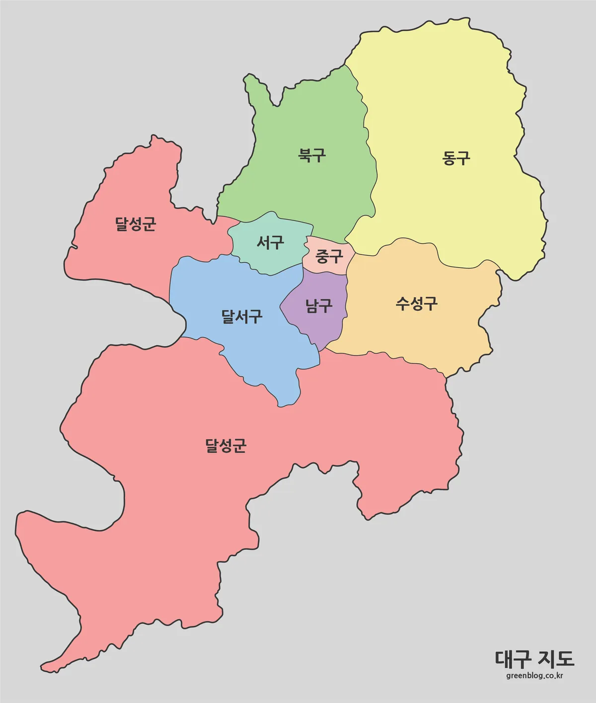 대구광역시 7구 2군 행정구역을 색상으로 구분한 지도