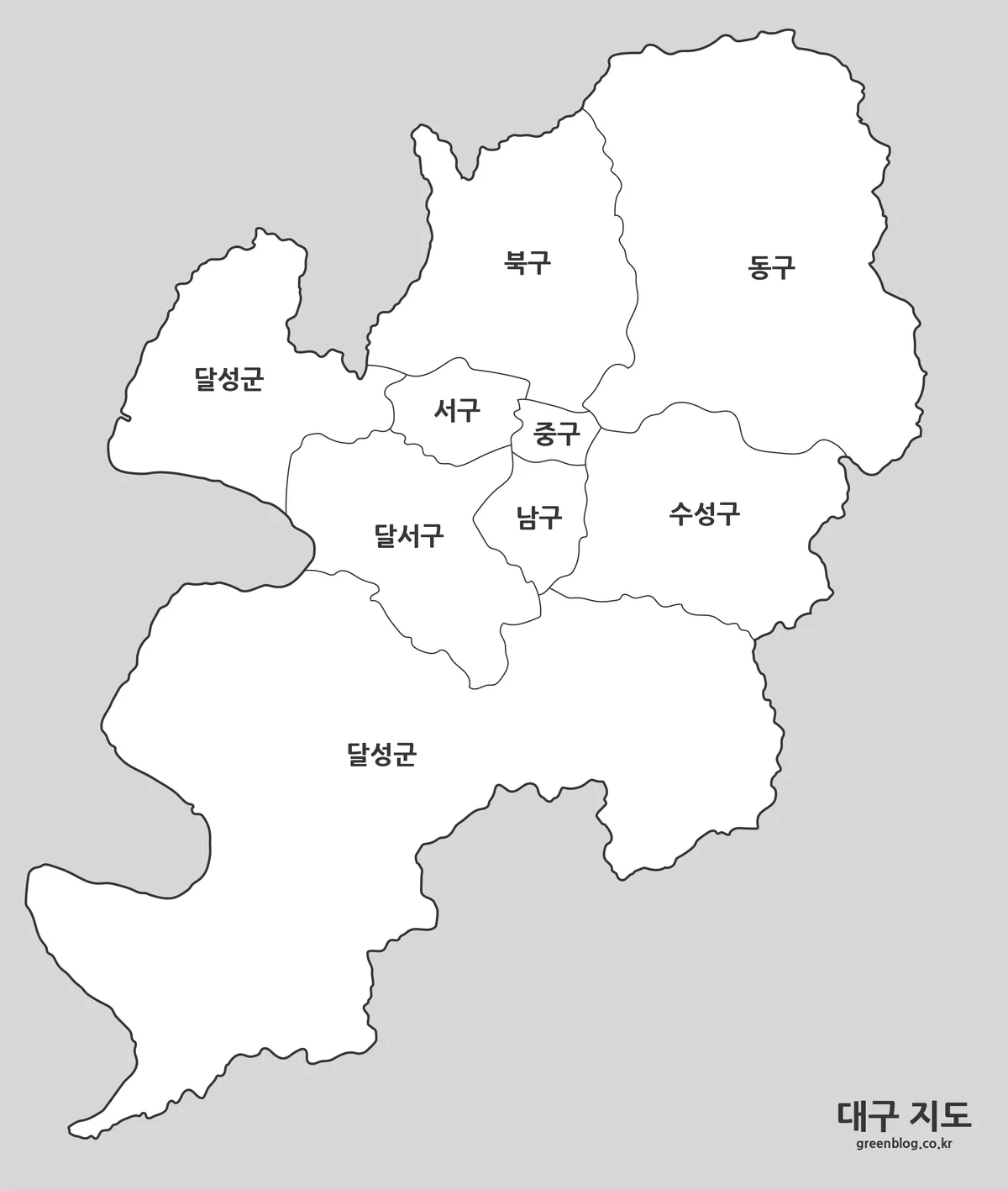 인쇄용 대구광역시 7구 2군 흑백 행정구역 지도